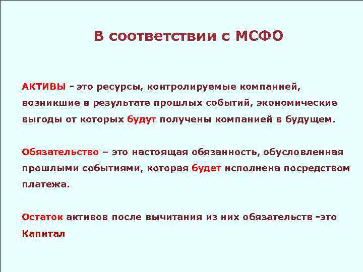 В соответствии с МСФО АКТИВЫ - это ресурсы, контролируемые компанией, возникшие в результате прошлых