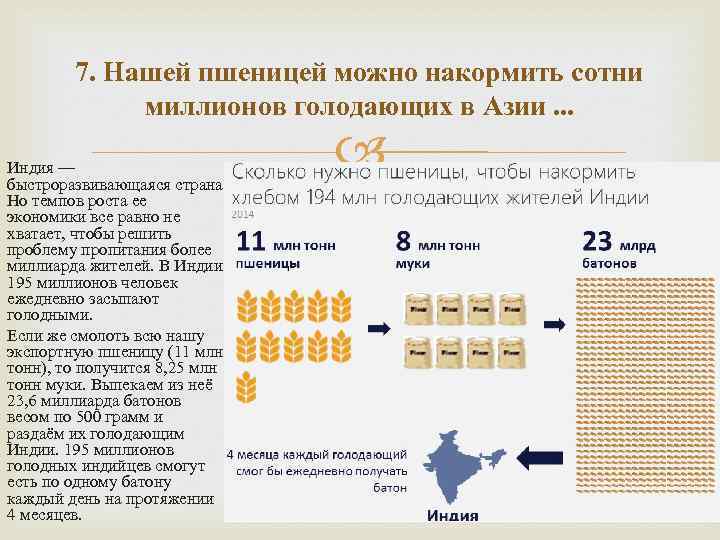 7. Нашей пшеницей можно накормить сотни миллионов голодающих в Азии. . . Индия —