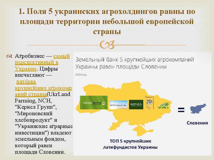 1. Поля 5 украинских агрохолдингов равны по площади территории небольшой европейской страны Агробизнес —