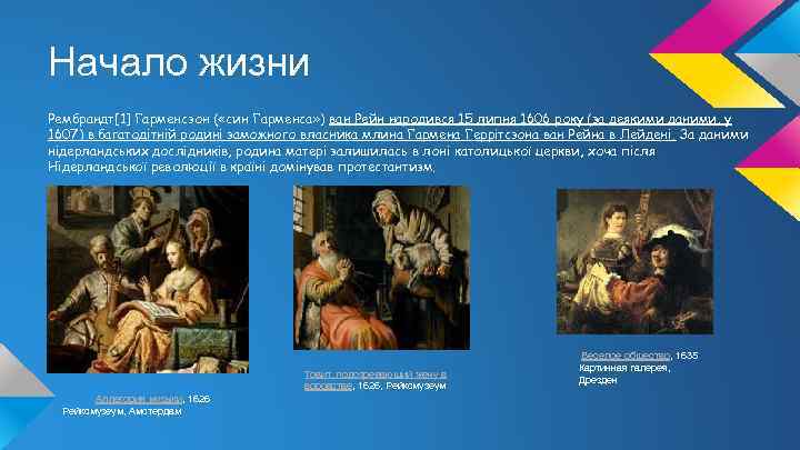 Начало жизни Рембрандт[1] Гарменсзон ( «син Гарменса» ) ван Рейн народився 15 липня 1606