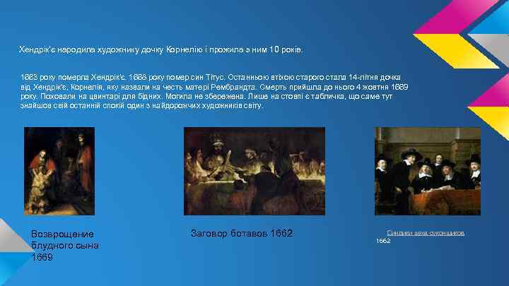 Хендрік'є народила художнику дочку Корнелію і прожила з ним 10 років. 1663 року померла