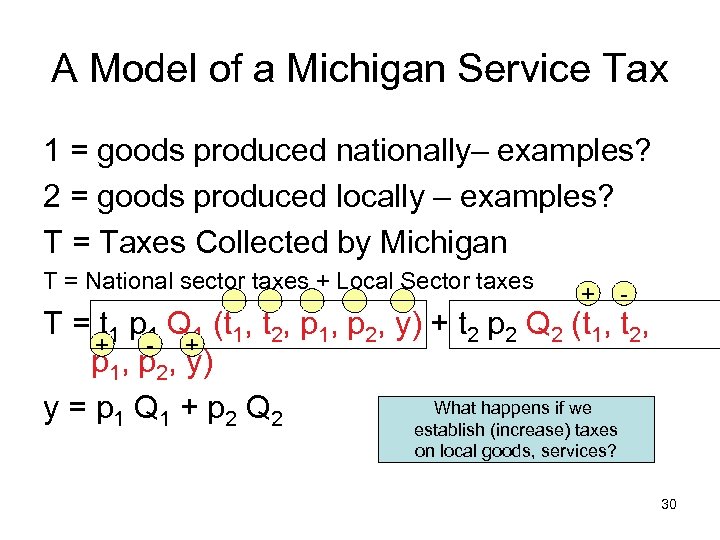 A Model of a Michigan Service Tax 1 = goods produced nationally– examples? 2