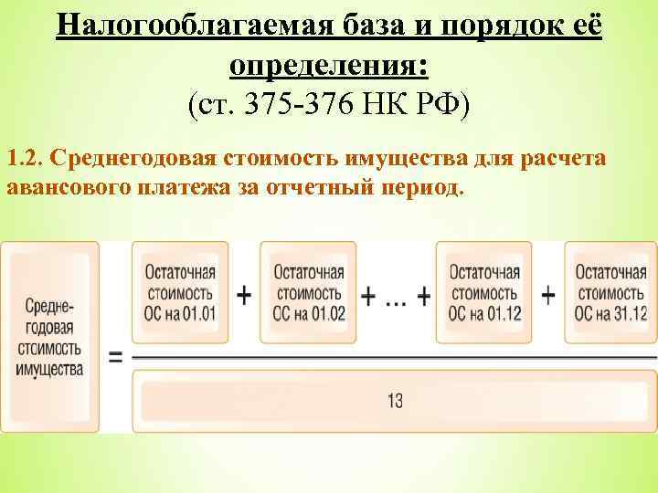 Налогооблагаемая база и порядок её определения: (ст. 375 -376 НК РФ) 1. 2. Среднегодовая