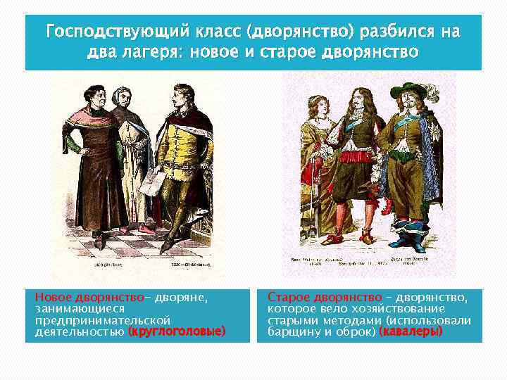 Господствующий класс (дворянство) разбился на два лагеря: новое и старое дворянство Новое дворянство- дворяне,