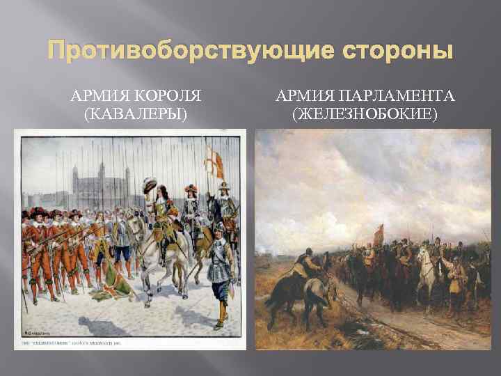 Противоборствующие стороны АРМИЯ КОРОЛЯ (КАВАЛЕРЫ) АРМИЯ ПАРЛАМЕНТА (ЖЕЛЕЗНОБОКИЕ) 