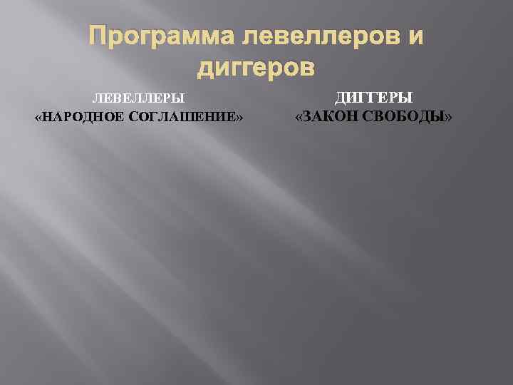Программа левеллеров и диггеров ЛЕВЕЛЛЕРЫ «НАРОДНОЕ СОГЛАШЕНИЕ» ДИГГЕРЫ «ЗАКОН СВОБОДЫ» 