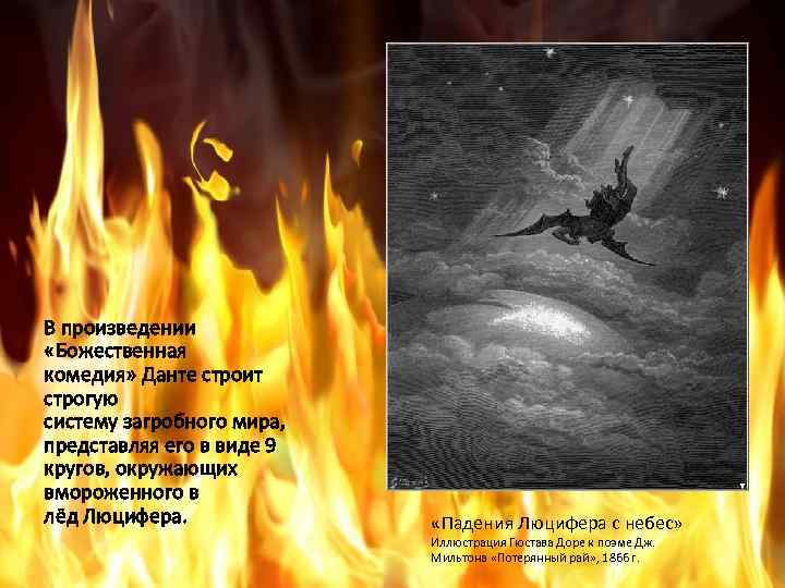 В произведении «Божественная комедия» Данте строит строгую систему загробного мира, представляя его в виде