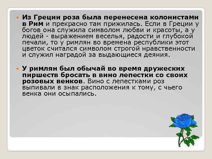  Из Греции роза была перенесена колонистами в Рим и прекрасно там прижилась. Если