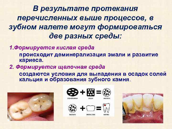 В результате протекания перечисленных выше процессов, в зубном налете могут формироваться две разных среды: