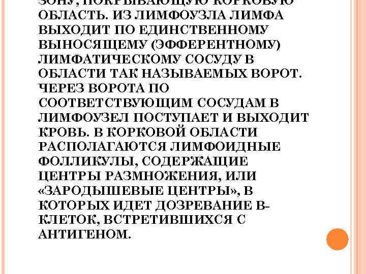 ЗОНУ, ПОКРЫВАЮЩУЮ КОРКОВУЮ ОБЛАСТЬ. ИЗ ЛИМФОУЗЛА ЛИМФА ВЫХОДИТ ПО ЕДИНСТВЕННОМУ ВЫНОСЯЩЕМУ (ЭФФЕРЕНТНОМУ) ЛИМФАТИЧЕСКОМУ СОСУДУ