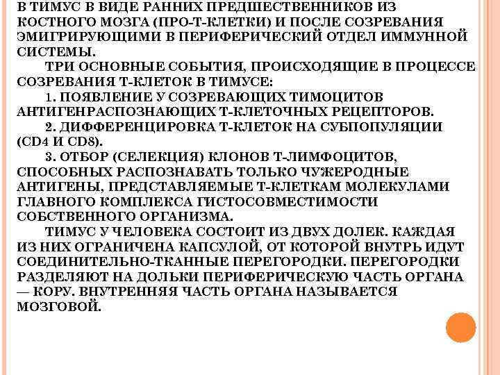 В ТИМУС В ВИДЕ РАННИХ ПРЕДШЕСТВЕННИКОВ ИЗ КОСТНОГО МОЗГА (ПРО-Т-КЛЕТКИ) И ПОСЛЕ СОЗРЕВАНИЯ ЭМИГРИРУЮЩИМИ