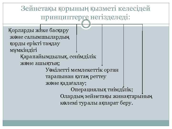 Зейнетақы қорының қызметі келесідей принциптерге негізделеді: Қорларды жеке басқару және салымшылардың қорды ерікті таңдау