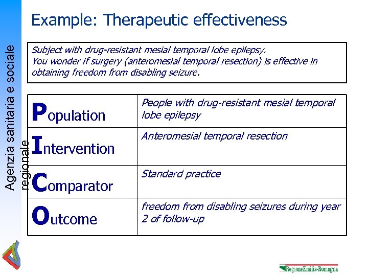 Agenzia sanitaria e sociale regionale Example: Therapeutic effectiveness Subject with drug-resistant mesial temporal lobe