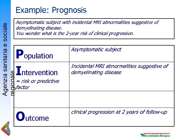 Agenzia sanitaria e sociale regionale Example: Prognosis Asymptomatic subject with incidental MRI abnormalities suggestive