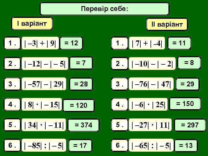 Самостійнасебе: Перевір робота І варіант ІІ варіант 1. | – 3| + | 9|