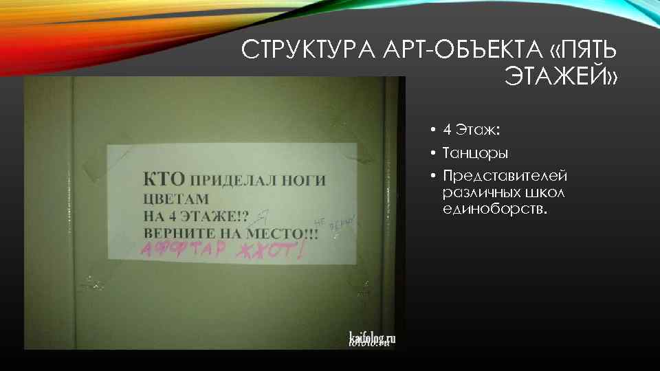 СТРУКТУРА АРТ-ОБЪЕКТА «ПЯТЬ ЭТАЖЕЙ» • 4 Этаж: • Танцоры • Представителей различных школ единоборств.