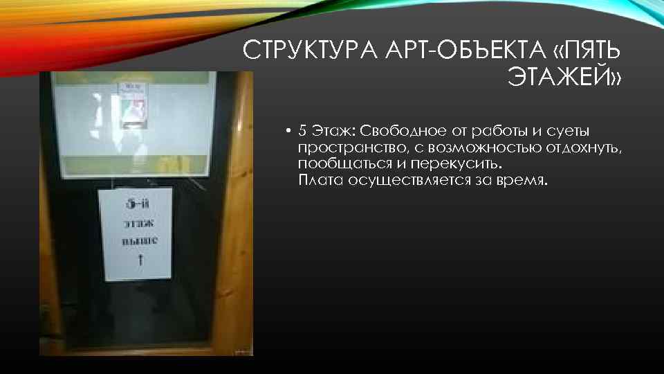 СТРУКТУРА АРТ-ОБЪЕКТА «ПЯТЬ ЭТАЖЕЙ» • 5 Этаж: Свободное от работы и суеты пространство, с