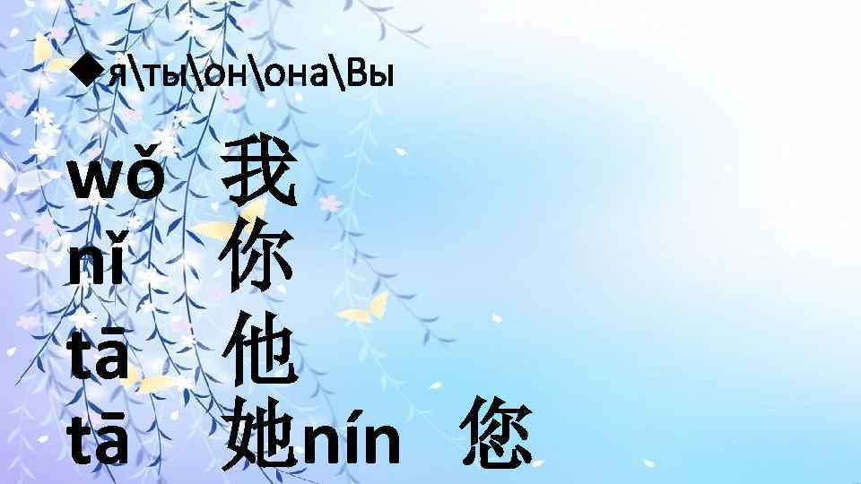  ятыононаВы wǒ nǐ tā tā 我 你 他 她nín 您 