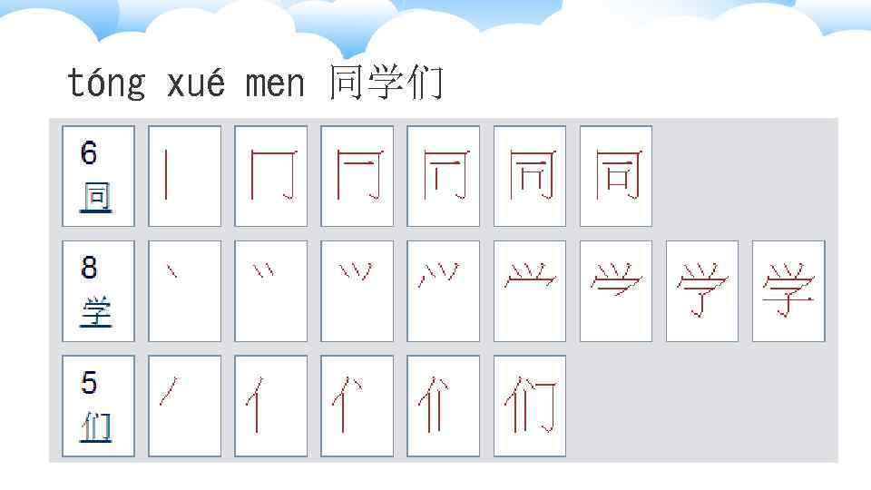 tóng xué men 同学们 