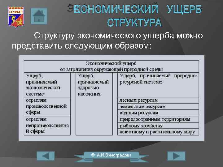ЭКОНОМИЧЕСКИЙ УЩЕРБ СТРУКТУРА Структуру экономического ущерба можно представить следующим образом: © А. И. Виноградова
