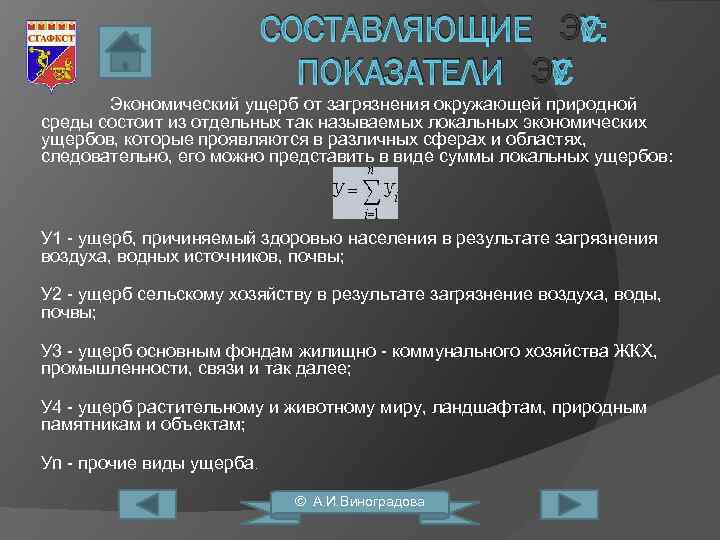 СОСТАВЛЯЮЩИЕ ЭУ: ПОКАЗАТЕЛИ ЭУ Экономический ущерб от загрязнения окружающей природной среды состоит из отдельных