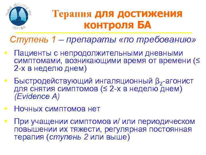 Терапия для достижения контроля БА Ступень 1 – препараты «по требованию» § Пациенты с