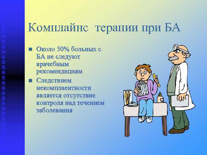 Комплайнс терапии при БА Около 50% больных с БА не следуют врачебным рекомендациям Следствием