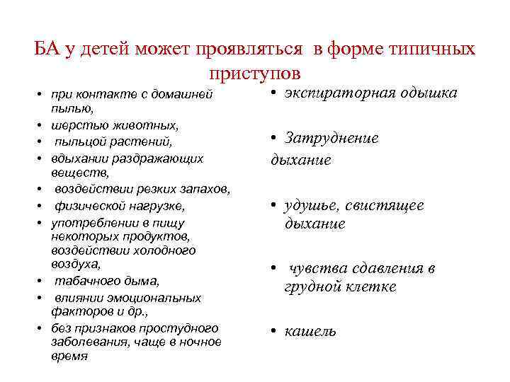 БА у детей может проявляться в форме типичных приступов • при контакте с домашней