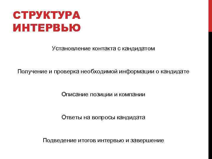 СТРУКТУРА ИНТЕРВЬЮ Установление контакта с кандидатом Получение и проверка необходимой информации о кандидате Описание