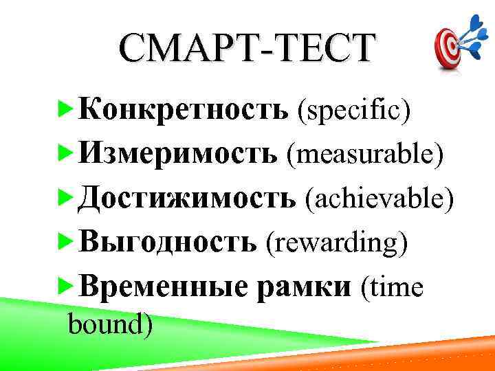 СМАРТ-ТЕСТ Конкретность (specific) Измеримость (measurable) Достижимость (achievable) Выгодность (rewarding) Временные рамки (time bound) 
