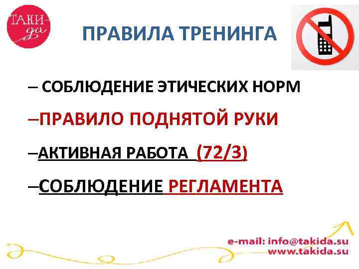 ПРАВИЛА ТРЕНИНГА – СОБЛЮДЕНИЕ ЭТИЧЕСКИХ НОРМ –ПРАВИЛО ПОДНЯТОЙ РУКИ –АКТИВНАЯ РАБОТА (72/3) –СОБЛЮДЕНИЕ РЕГЛАМЕНТА
