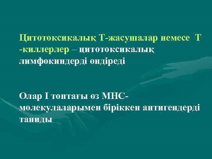 Цитотоксикалық Т-жасушалар немесе Т -киллерлер – цитотоксикалық лимфокиндерді өндіреді Олар I топтағы өз МНСмолекулаларымен