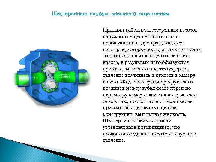 Шестеренные насосы внешнего зацепления Принцип действия шестеренных насосов наружного зацепления состоит в использовании двух
