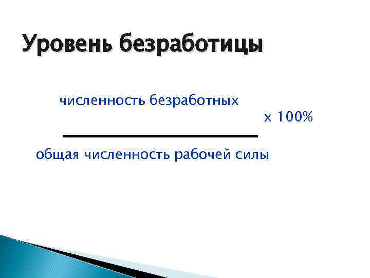 Уровень безработицы численность безработных х 100% общая численность рабочей силы 