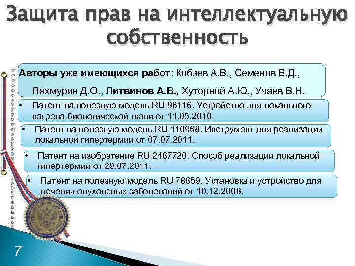 Защита прав на интеллектуальную собственность Авторы уже имеющихся работ: Кобзев А. В. , Семенов