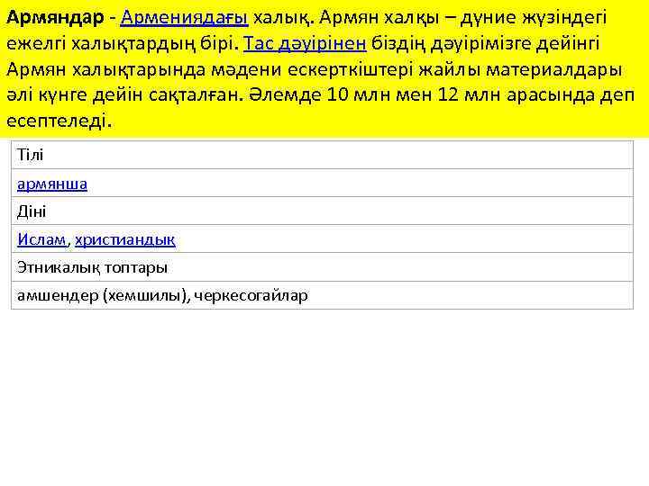 Армяндар - Армениядағы халық. Армян халқы – дүние жүзіндегі ежелгі халықтардың бірі. Тас дәуірінен