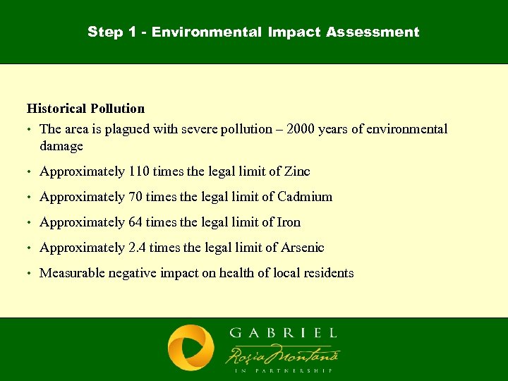 Step 1 - Environmental Impact Assessment Historical Pollution • The area is plagued with