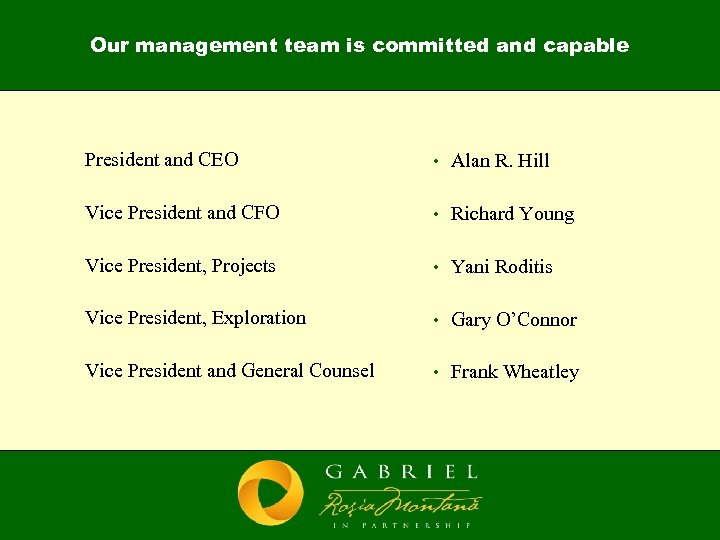 Our management team is committed and capable President and CEO • Alan R. Hill