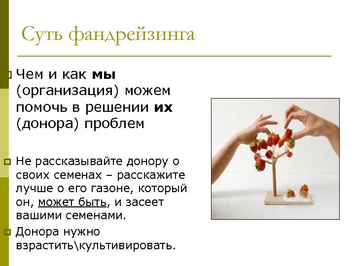 Суть фандрейзинга p Чем и как мы (организация) можем помочь в решении их (донора)