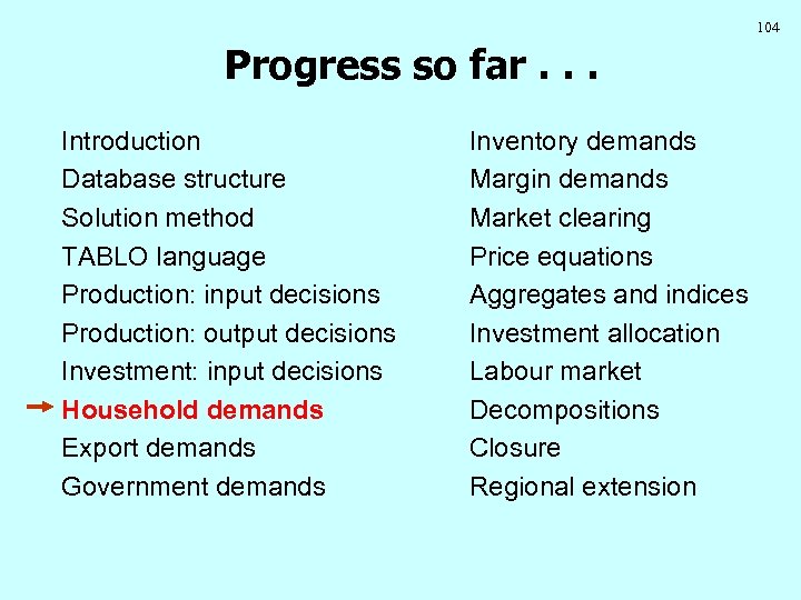 104 Progress so far. . . Introduction Database structure Solution method TABLO language Production: