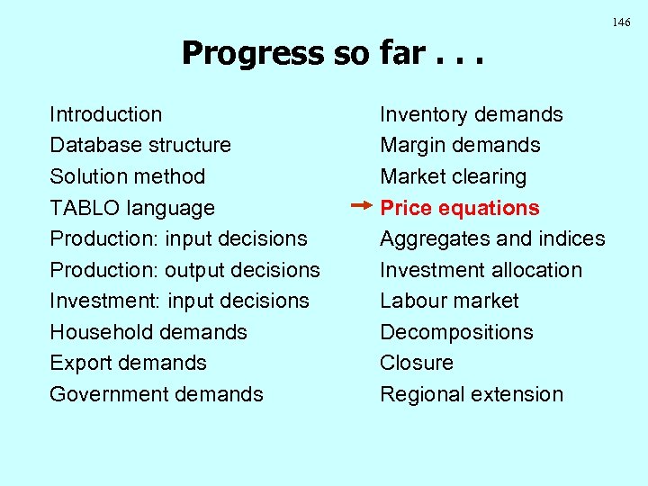 146 Progress so far. . . Introduction Database structure Solution method TABLO language Production: