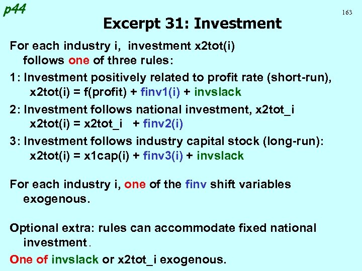 p 44 Excerpt 31: Investment For each industry i, investment x 2 tot(i) follows