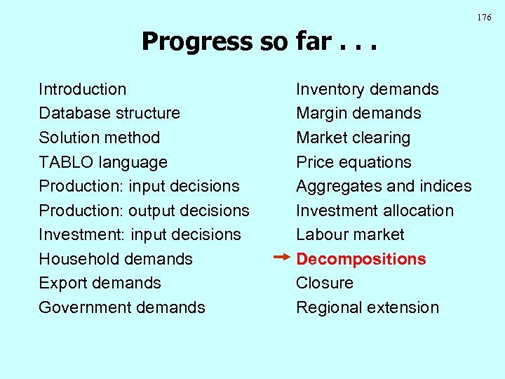 176 Progress so far. . . Introduction Database structure Solution method TABLO language Production: