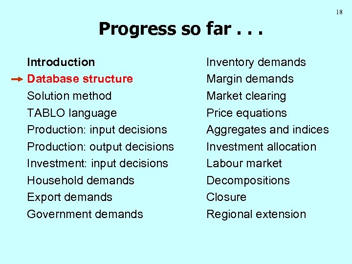 18 Progress so far. . . Introduction Database structure Solution method TABLO language Production: