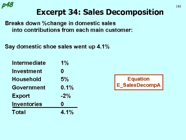 p 48 Excerpt 34: Sales Decomposition Breaks down %change in domestic sales into contributions