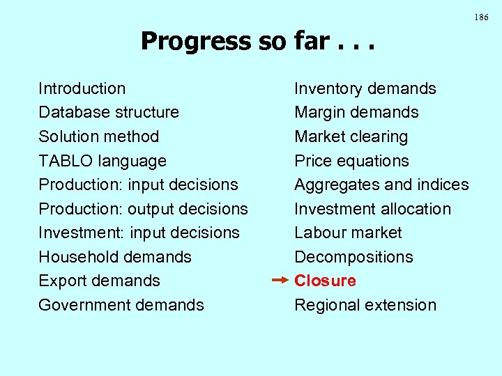 186 Progress so far. . . Introduction Database structure Solution method TABLO language Production: