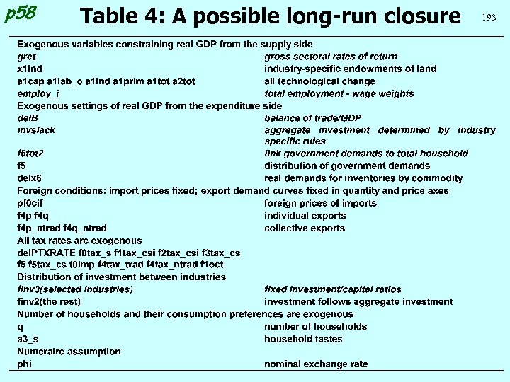 p 58 Table 4: A possible long-run closure 193 