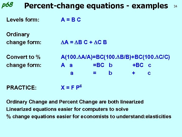 p 68 Percent-change equations - examples Levels form: A=BC Ordinary change form: A =