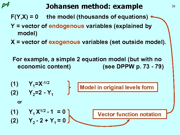 p 4 Johansen method: example F(Y, X) = 0 the model (thousands of equations)