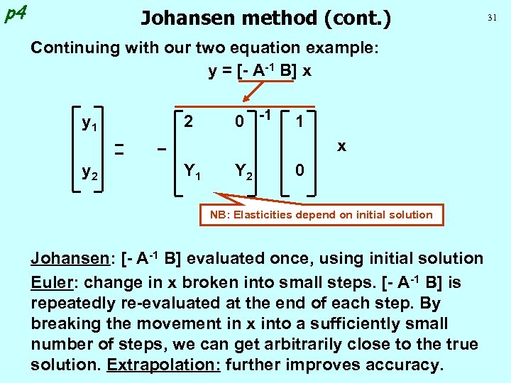 p 4 Johansen method (cont. ) Continuing with our two equation example: y =